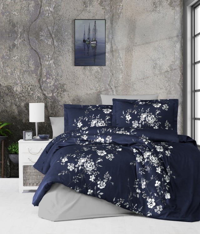 Постельное белье сатин люкс First Choice Arya navy blue евро