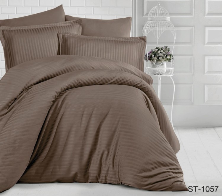 Постельное белье кофейное страйп-сатин Tag tekstil Luxury ST-1057